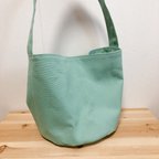 作品ワンショルダー　バケツ型トートbag  トートバッグ　帆布　ビンテージ帆布　ミントグリーン