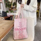 作品シンプル　チェック柄　トートバッグ　韓国ファッション　ピンク