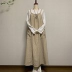 作品リネン　生成り　ワンピース　エプロンワンピース　ロング着丈 120cm 　いつもの服の上から着る大人エプロン