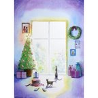 作品【原画】朝の輝き（水彩画）★雪 クリスマス 猫 絵画インテリア プレゼントに
