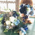 作品🌿ウエディング〜デニムフラワー入りクラッチブーケ＆ブートニア＆ヘアーパーツ(30ピース)✨✨3点セット✨✨アーティフィシャルフラワーブーケ✨✨🌿