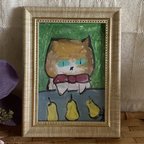 作品絵画。原画手描【猫ちゃんはテーブルの上の梨を3つ見つめている】