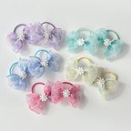 作品【春ヘアゴム】再入荷　透け感オーガンジー花ヘアゴム　春　新作　ヘアゴム　キッズ　子供　お花　りぼん　春コーデ　カラバリ　可愛いヘアゴム　プレゼント　ギフト　お礼　お祝い　入園　入学　