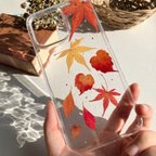 作品紅葉 蔦 【押し花】 スマホケース 全機種対応 もみじ 秋 ドウダンツツジの紅葉 ツタ 