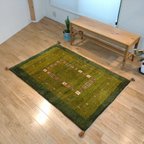 作品GW目玉品：新規入荷】ペルシャ　ギャッベ　ハーフラグ　150x100cm　グリーン　RJ3633G