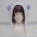 作品白×紫 ‎🤍💜‪くま耳ボンネット帽子