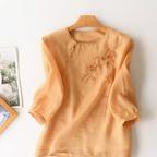 作品リネン 七分袖 シャツ 夏の新型 レトロ 斜め襟 刺繍 トップス
