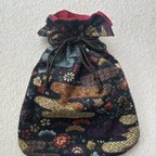 作品和柄　巾着袋　絣風伝統的な花柄　Lサイズ　裏付き　内ポケット付き