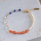作品Orange sunstone bracelet：天然石ブレスレット 淡水パール×サンストーン×グリーンアメジ