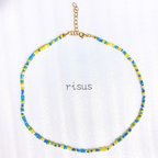 作品necklace blue×yellow×whitビーズネックレス