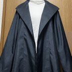 作品着物リメイク　シンプル　藍色系　大島のフード付きジャケット　L〜LLサイズ