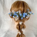 作品かすみ草　ヘッドドレス　ブルー　ブライダル　ウエディング　ヘアアクセサリー　ブライダルアクセサリー　ヘアドレス　ヘッドドレス　造花　前撮り　フォトウエディング　結婚式　ウエディングドレス 　ジプソ