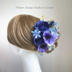 作品青い薔薇とアネモネのヘッドドレス　　髪飾り　青　薔薇　アネモネ　結婚式　ウェディング　成人式