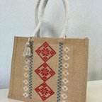 作品こぎん刺し風刺繍入りジュートバッグ