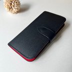 作品本革　手帳型スマホケース　名入れ無料　Iphoneケース　black+red