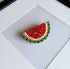 作品ビーズ刺繍　すいかブローチ（赤）