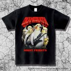 作品OKAMEDEATH オカメデス オカメインコ メタルバンドTシャツ ブラック