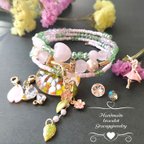 作品🍃葉桜🌸　天然石ハートローズクォーツ＆ローズクォーツコイルブレスレット　ジルコニア猫/葉っぱ桜/バレリーナ/桜の花びらチャーム付き