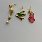 作品春ピアス🌸🐦🐱３点