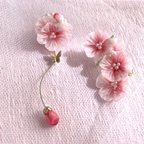 作品＊つまみ細工＊満開桜 蝶々 ピンク イヤーカフとピアスのセット＊