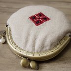 作品レッド&ブラック手刺繍がま口ポーチ　コインケース