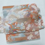作品ワンタッチ帯　くらわん帯　正絹袋帯リメイク　桜波鳳凰正倉院文様　作り帯　