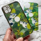 作品iPhone 12Pro用浮世絵ネコさん＆ハワイアンフラワー3Wayメタリックバンパーソフトクリアケースセット・ウル（パンの木）