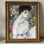 作品絵画 。壁掛け絵☆【きれいな白いスカートの女性が色とりどりの花を家に飾っている】