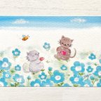 作品🌼透明水彩画「ネモフィラ畑でお茶しましょ」 イラストポストカード 2枚セット 猫　ねこ　ネコ　花　フラワー　春　入園入学　入学式　みつばち　ミツバチ　母の日　父の日　誕生日