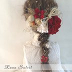 作品*⋆⸜𝐧𝐞𝐰⸝⋆* ヘッドドレス DAHLIA RED＆White  髪飾り　結婚式　成人式　卒業式　プリザーブドフラワー　ドライフラワー　着物　袴　ヘアアクセサリー　金箔　振袖　水引き　和装　赤