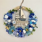 作品【夏の海】貝殻リース　サマーブルーフラワーリース