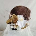 作品水引細工・鶴の羽とコチョウランの和装ヘアアクセ　着物ヘアアクセサリー　髪飾り　タイトシニヨン　シニヨンヘア　成人式　結婚式　白無垢　卒業式　振袖　袴　着物　水引　水引アレンジ　