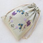 作品May flower wreath mini pouch (light green)✿刺繍巾着袋コットン100%