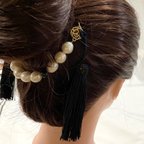 作品大玉本真珠の正絹 羽織紐 兼用髪飾り（黒）ユニセックス　２way 和小物 送料無料
