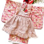 作品3歳七五三着物ピンクローズが可愛い被布エプロンセット　100サイズ