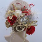 作品ディップアート　髪飾り　2024 成人式　卒業式 結婚式　白　赤　ゴールド　シルバー　水引　チュール　パールシャワー