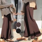 作品レディース ニットパンツ リラックス ウエストゴム ボトムス ワイドパンツ イージーパンツ リブニット 暖かい 防寒対策