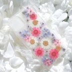 作品紫の千鳥草とピンクノースポールの押し花スマホケース♡押し花♡iPhone♡GALAXY♡Android♡Xperia♡oppo♡rakutenhand ♡