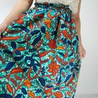 作品アフリカ布☆ふんわりスカート☆エメラルドグリーンのお花　アフリカンスカート