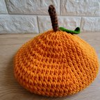 作品編み物 柑橘 ベレー帽 コットン100% ニット帽  大人用 夏の日 オレンジ 橙 