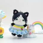 作品ハチワレ猫　ハンドメイド　あみぐるみ　キーホルダー付き　猫