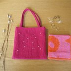 作品刺繍のミニバッグ　ピンク×白ドット