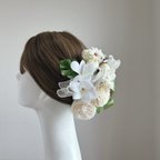 作品プルメリアと薔薇のナチュラルなヘッドドレス　リゾ婚　ヘアアクセサリー　結婚式　成人式　ウェディング　前撮り　髪飾り　海外挙式　ブライダル　ハワイ挙式　沖縄挙式　海外挙式　花嫁ヘア