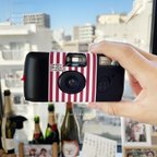 作品【 大人＆子供 兼用 紐付き 予備1枚付き 】 写ルンです用 インスタントカメラ カバー ストライプ ワインレッド