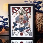 作品尾九 刺青画 七福神 恵比寿さま 波桜 開運招福 A4サイズ フレーム付き