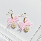 作品14★オーガンジーリボンとパールのピアス/light pink