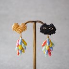 作品beads jewelry『LOVE♡』ピアス/イヤリング（カラフルな魚が大漁でニヤリの黒猫）※ピアスのみ2way【受注】