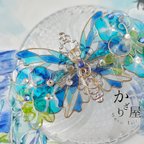 作品（A）海風と朝顔のステンドグラスの蝶バレッタ（hair ornaments of Stained glass butterfly〜station on the sea〜）