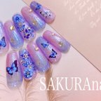 作品キラキラButterfly🦋nail💜🩷