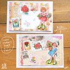 作品母の日カード　バラと女の子　切手コラージュカード２枚＋封筒２枚セット